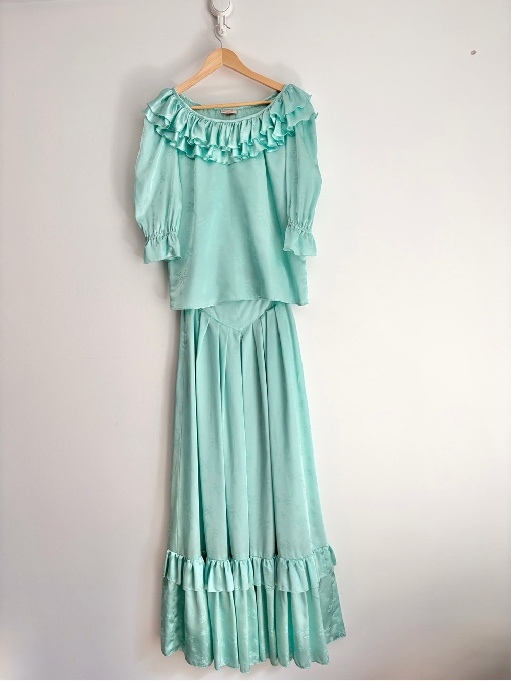 Vintage 1970s Brenda Caiger Seafoam Basque Waist Disco Prairiecore 2 PC Set XS